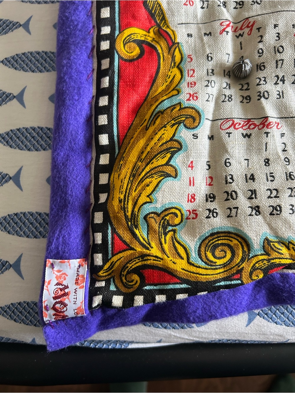 Vintage Fabric Linen Calendar Patchwork Kitsch Quilt Throw 1960s 1970s Mushrooms - Picture 6 of 9